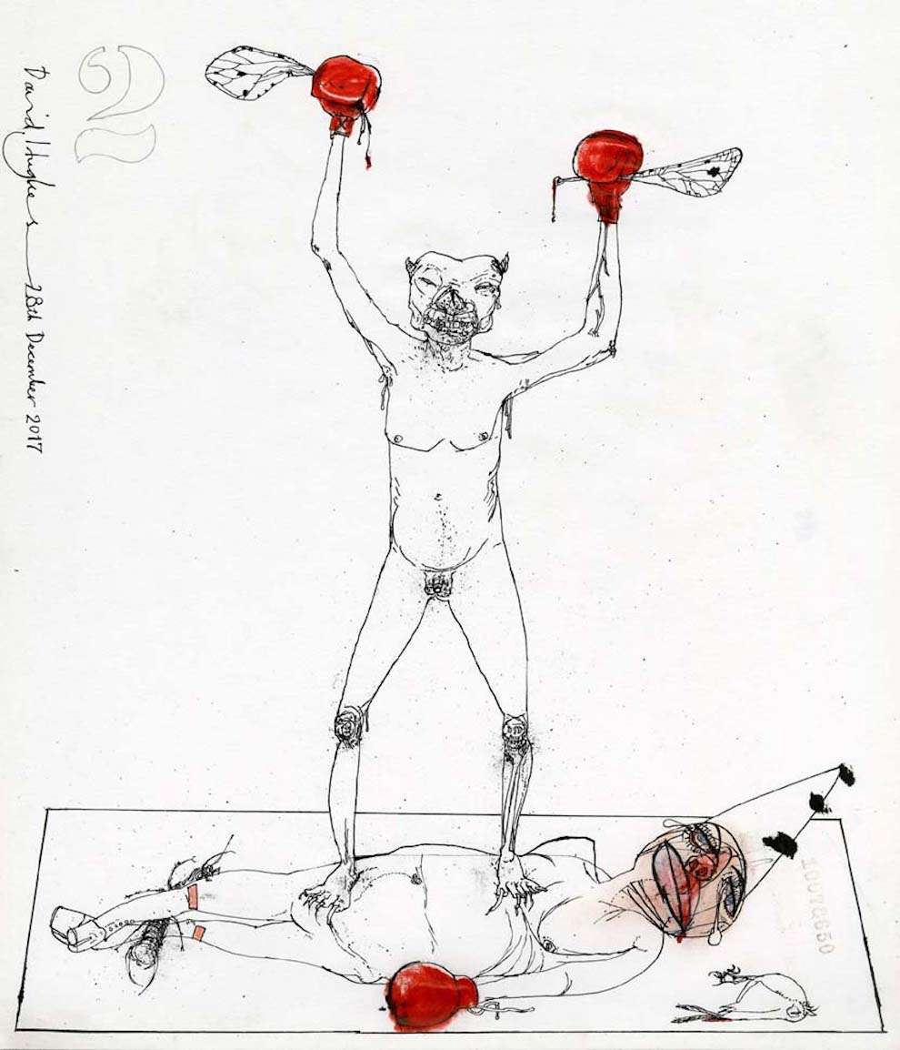 David Hughes, Hand-drawn line illustration of a boxing match between a man with a satan's head putting KO another man with a birthday hat. 